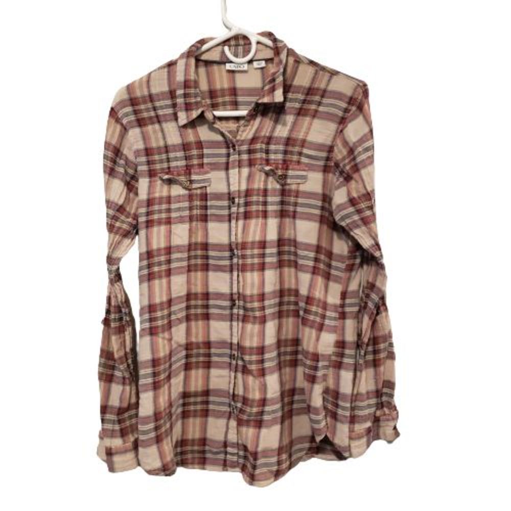 Women's CATO Beige and Burgundy Plaid Long Sleeve Blouse Size L
